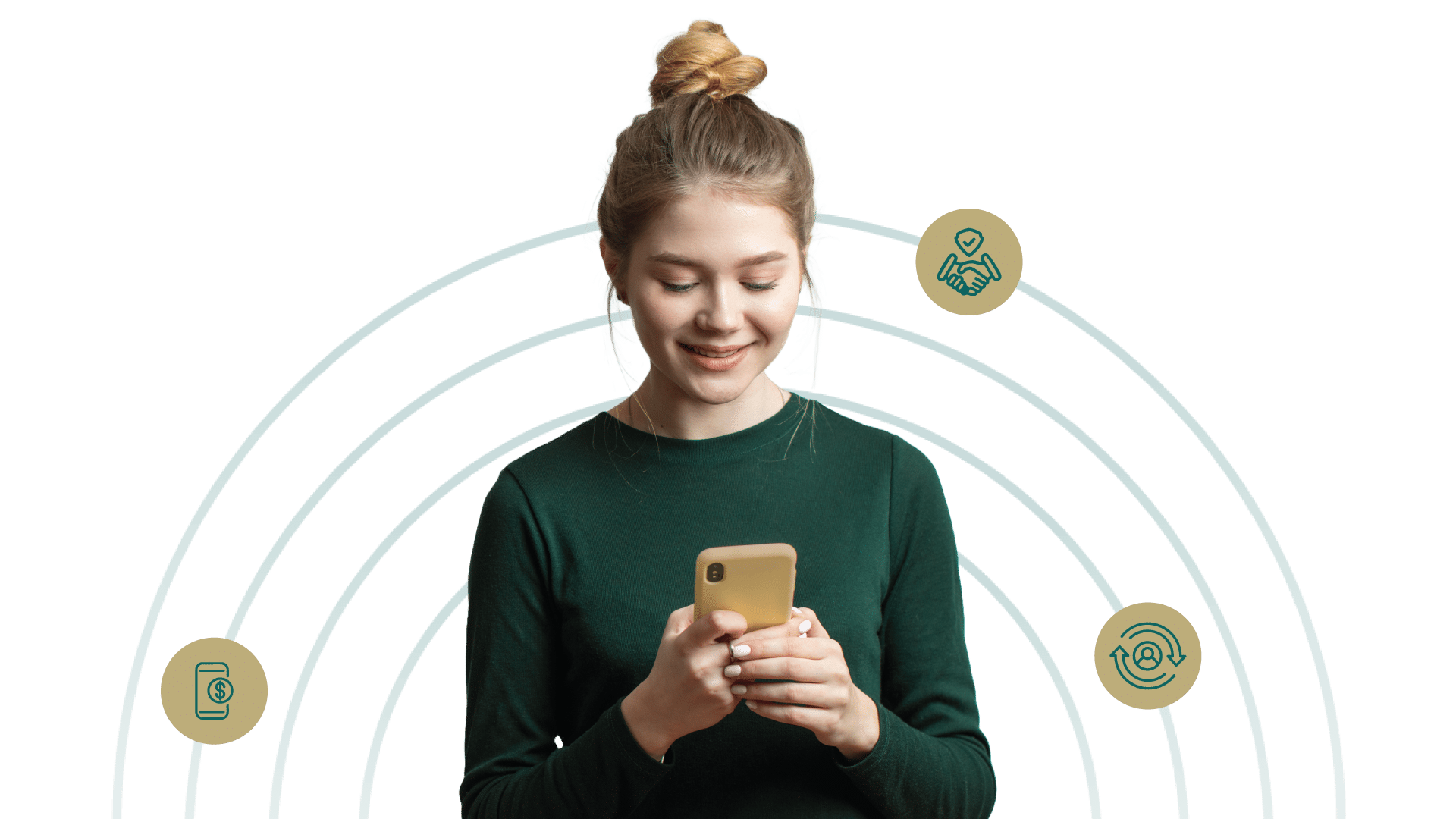 Positive attractive student female in green long-sleeve shirt texting with her smartphone